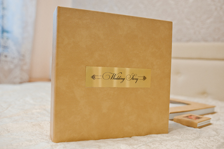 Brown box of the wedding photobook or photo album.の写真素材