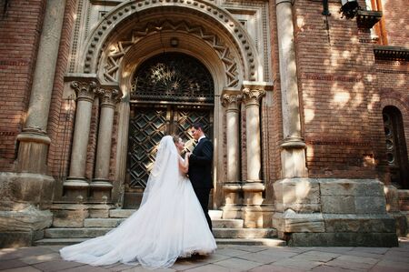 Stunning wedding couple enjoying each other's company on a beautiful architectural background.の写真素材