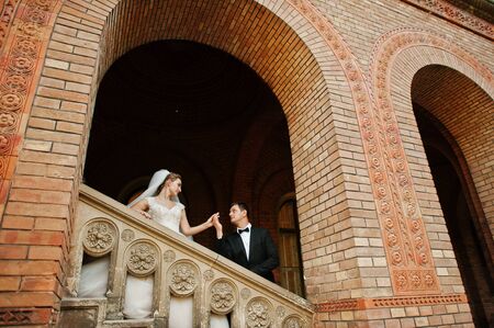 Stunning wedding couple enjoying each other's company on a beautiful architectural background.の写真素材