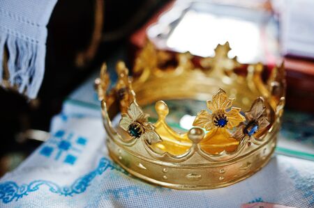 Close-up photo of crowns in the church meant for wedding ceremony.の写真素材