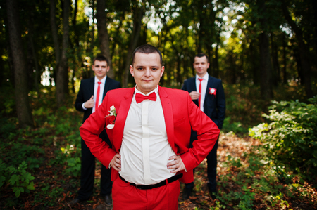 Handsome groom and his groomsmen posing in the forest on the wedding day.の写真素材