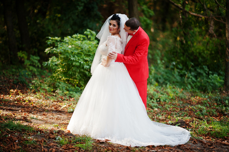 Amazing wedding couple walking, having fun and posing in the park.の写真素材