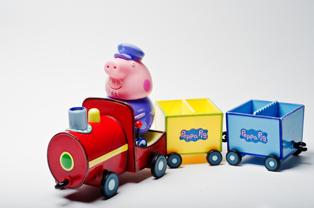 Hai, Ukraine - August 10, 2017: toy character on a train from famous cartoon Peppa Pig.のeditorial素材