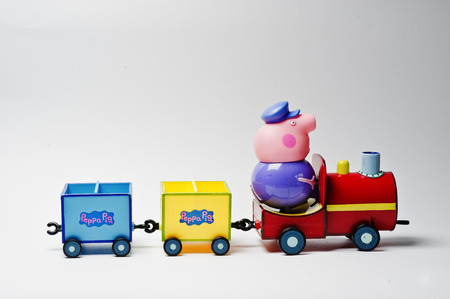 Hai, Ukraine - August 10, 2017: toy character on a train from famous cartoon Peppa Pig.のeditorial素材