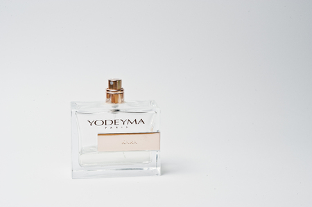Hai, Ukraine - August 10, 2017: close-up photo of bottle of perfumes by YODEYMA Paris on white background.のeditorial素材