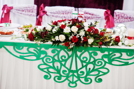 Floral beautiful deocrations on the wedding party in restaurant.の写真素材
