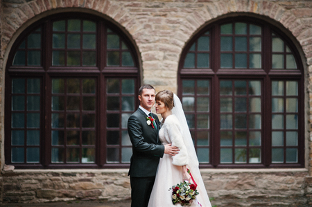 Fabulous wedding couple walking and posing next to the old building.の写真素材