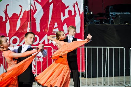 Ternopil, Ukraine - October 1, 2017: Ballroom dancing kids at Podolyany Show.のeditorial素材