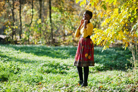 African american girl at yellow and red dress at autumn fall park.の写真素材