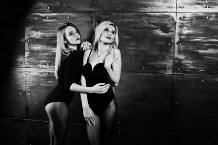 Two elegante blonde girls wear on combi dress posed against steel wall on studio.の写真素材