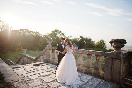 Fabulous wedding couple walking around the castle territory on their festive day.