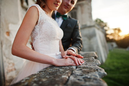 Fabulous wedding couple walking around the castle territory on their festive day.の写真素材