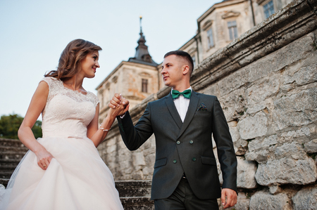 Fabulous wedding couple walking around the castle territory on their festive day.の写真素材