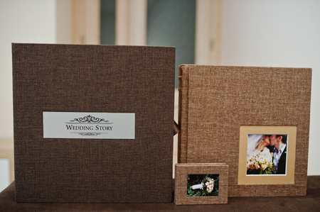 Brown textile wedding photo book or album.の写真素材