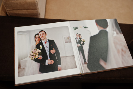 Open pages of wedding book or album.の写真素材