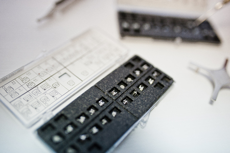 System of dental brackets at dentist office.の写真素材