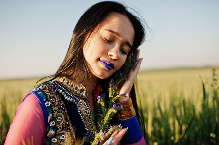Tender indian girl in saree, with violet lips make up posed at field in sunset. Fashionable india model.の写真素材