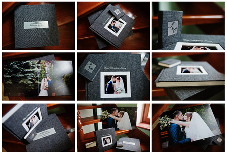 Elegant grey photo book or photo album and flash drive case on wooden stairs.の写真素材