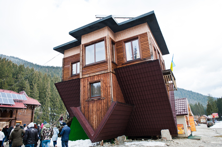 Bukovel, Ukraine - April 2, 2018: House upside down.のeditorial素材