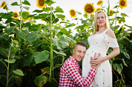 Pregnant couple in sunflowers field. Happy moments of pregnancy.の写真素材