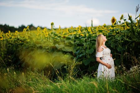 Blonde pregnant mother in sunflowers field. Happy moments of pregnancy.の写真素材