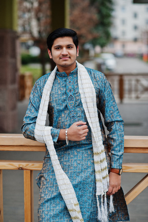 Indian man wear on traditional clothes with white scarf posed outdoor.の写真素材