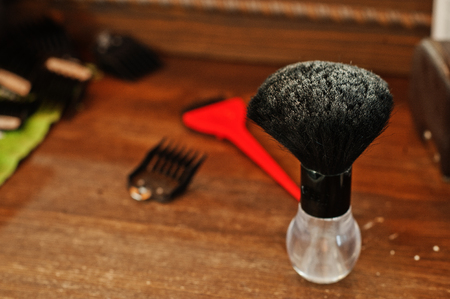 Barber tools on wooden  table.の写真素材