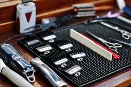 Hai, Ukraine - June 14 2019: Tools in professional barbershop interior.