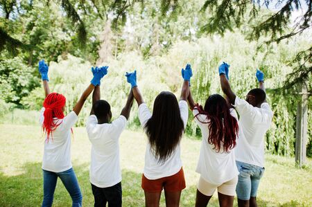 Back of group happy african volunteers hold hands together in park. Africa volunteering, charity, people and ecology concept.の写真素材
