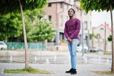 Young african american man in violet jumper posed against fountain alley.の写真素材