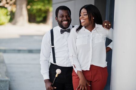 Stylish african american couple in formal wear. Romantic couple in love dating.の写真素材
