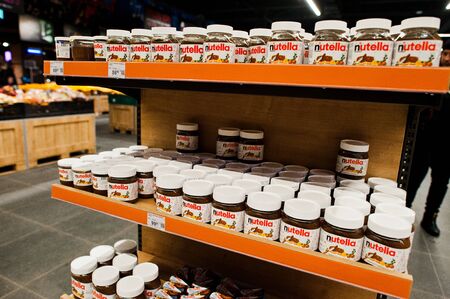 Kiev, Ukraine - September 4, 2019: Silpo supermarket. Nutella on the shelf of a grocery store.のeditorial素材