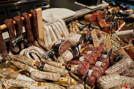 Kiev, Ukraine - September 4, 2019: Silpo supermarket. Meats on the shelf of a grocery store.のeditorial素材