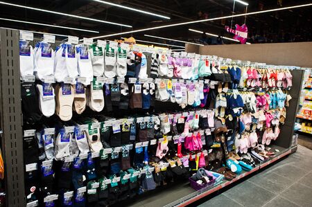 Kiev, Ukraine - September 4, 2019: Silpo supermarket. Socks on the shelf of store.のeditorial素材