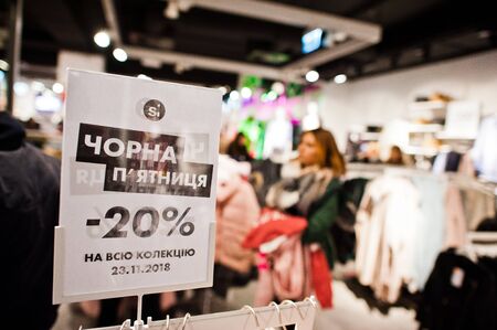 Kyiv, Ukraine - November 23, 2018: Black Friday banners on stores, November.