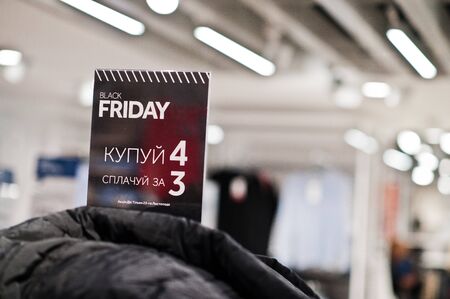Kyiv, Ukraine - November 23, 2018: Black Friday banners on stores, November.のeditorial素材