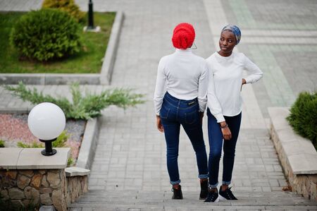 Two young modern fashionable, attractive, tall and slim african muslim womans in hijab or turban head scarf posed together.の写真素材