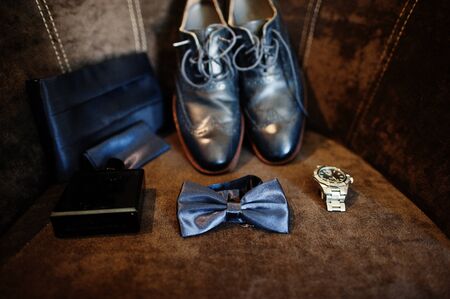 Elegant  men's wedding shoes at groom morning.の写真素材