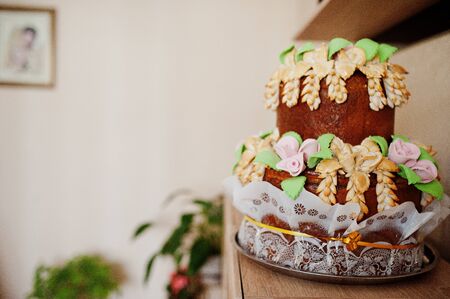 Beautiful wedding cake in the restaurant.