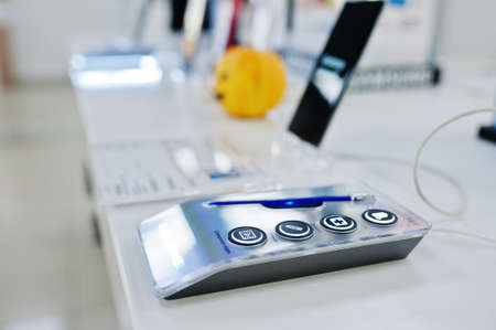 Kyiv, Ukraine - October 28, 2019: New Samsung Galaxy S10 + mobile smartphones are displayed on retail display in electronic store.のeditorial素材