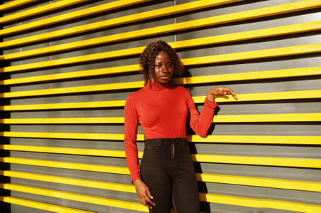 Portrait of a curly haired african woman wearing fashionable red turtleneck posing against yellow modern lines wall.の写真素材