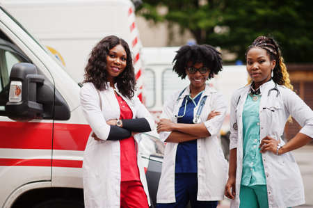 Group of african paramedic ambulance emergency crew doctors.の写真素材