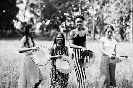 Group of four gorgeous african american womans wear summer hat spending time at green grass in park.の写真素材