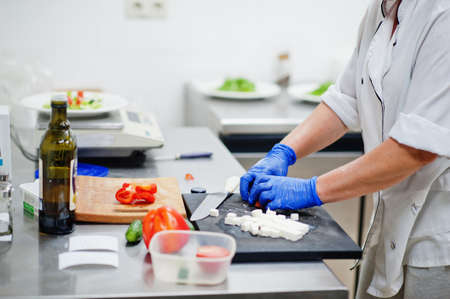 Female chef preparing salad in italian restaurant kitchen.の写真素材