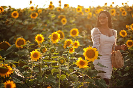 Pretty young black woman wear summer dress pose in a sunflower field.の写真素材