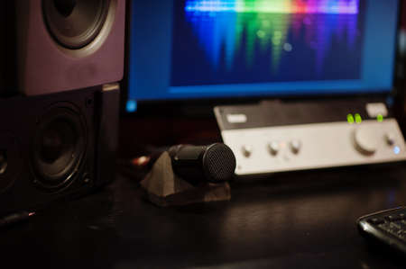 Monitors with microphone in record music studio.