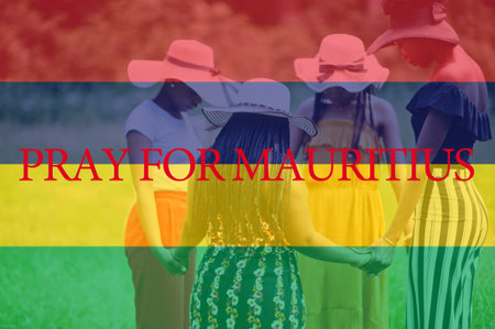 Pray for Mauritius. Group of four african women holding hands and praying. Concept of crisis in...