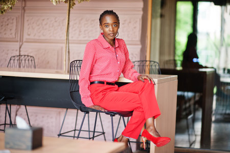 Pretty braids business african american lady bright bossy person friendly wear office red shirt and...