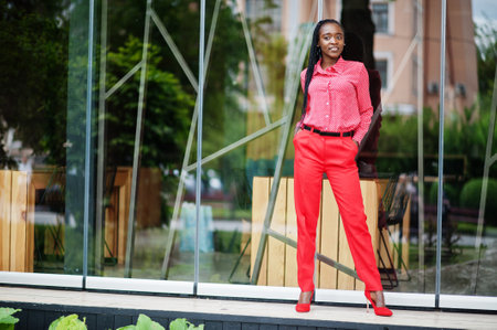 Pretty braids business african american lady bright bossy person friendly wear office red shirt and...