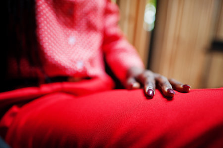 Nails of business african american lady bright bossy person friendly wear office red shirt and...
